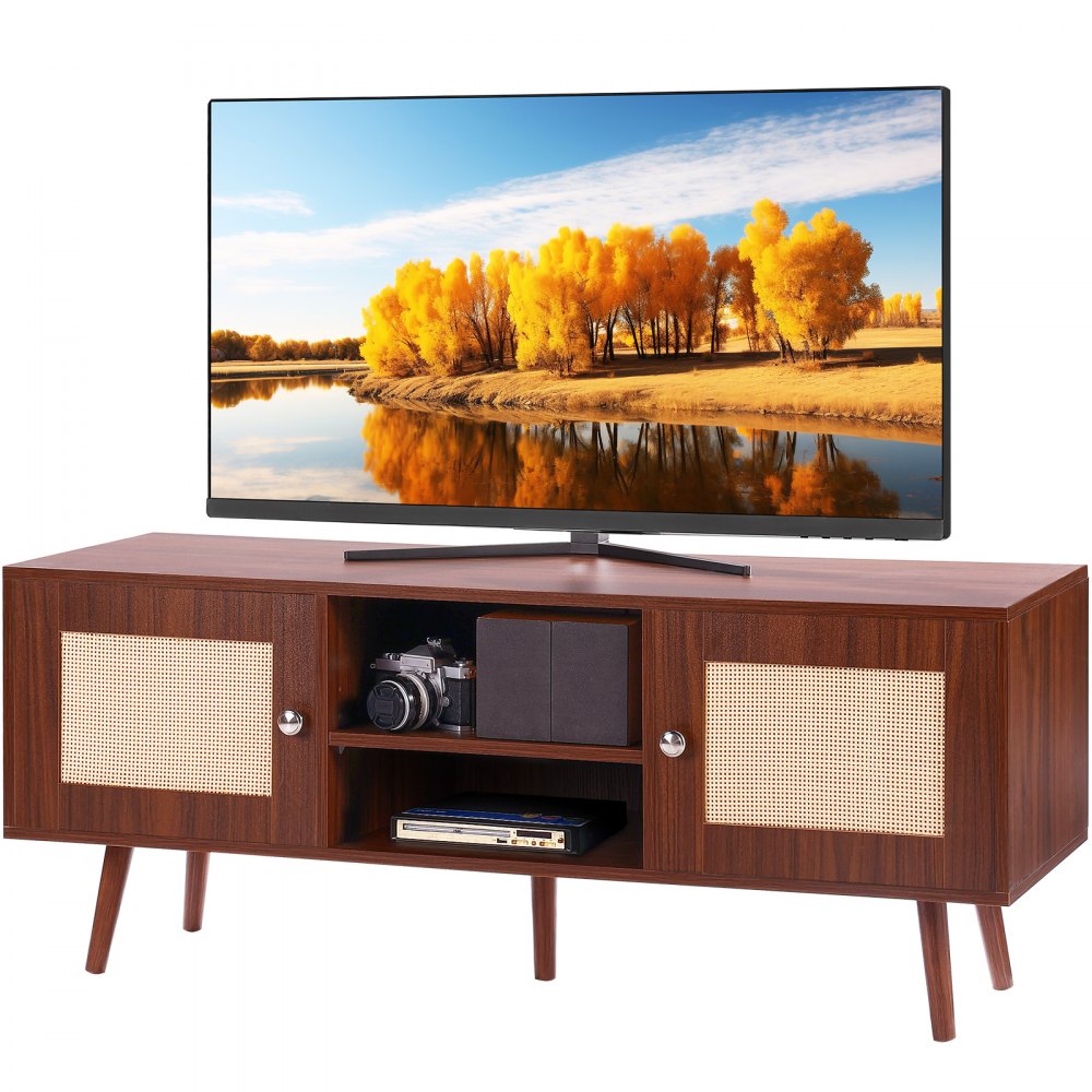 VEVOR Rattan TV Stand, Boho TV Cabinet for 55 inch TV, Mid Century Modern TV Stand, Rattan TV Console with Adjustable Shelfs for  Living Room, Media Room, Walnut - TBDSJ47INHTMOXPGTV0