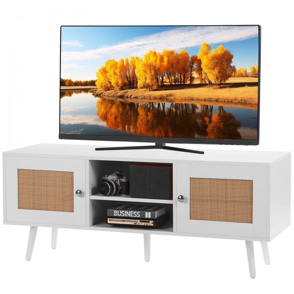 VEVOR Rattan TV Stand, Boho TV Cabinet for 55 inch TV, Mid Century Modern TV Stand, Rattan TV Console with Adjustable Shelfs for  Living Room, Media Room, White - TBDSJ47INBSLSI0TBV0