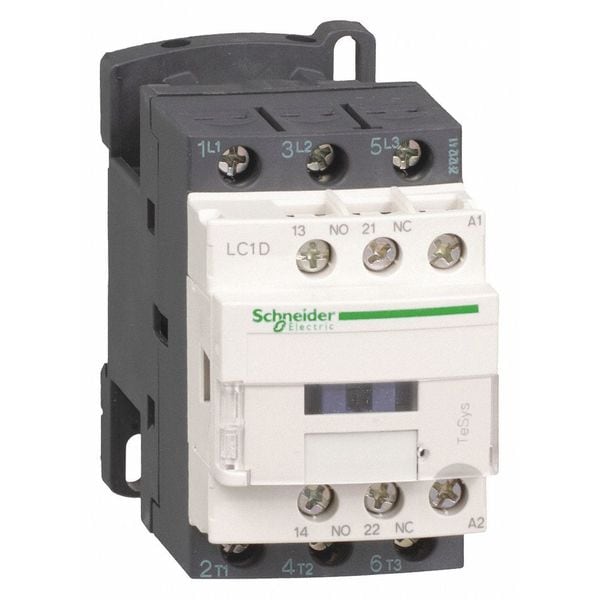 Contactador IEC de Schneider Electric, TeSys Deca, no reversibles, 12A, 7.5HP a 480VCA, hasta 100kA Icc, 3 fases, 3 NA, bobina de baja consumo de 12VCD - LC1D12JL.