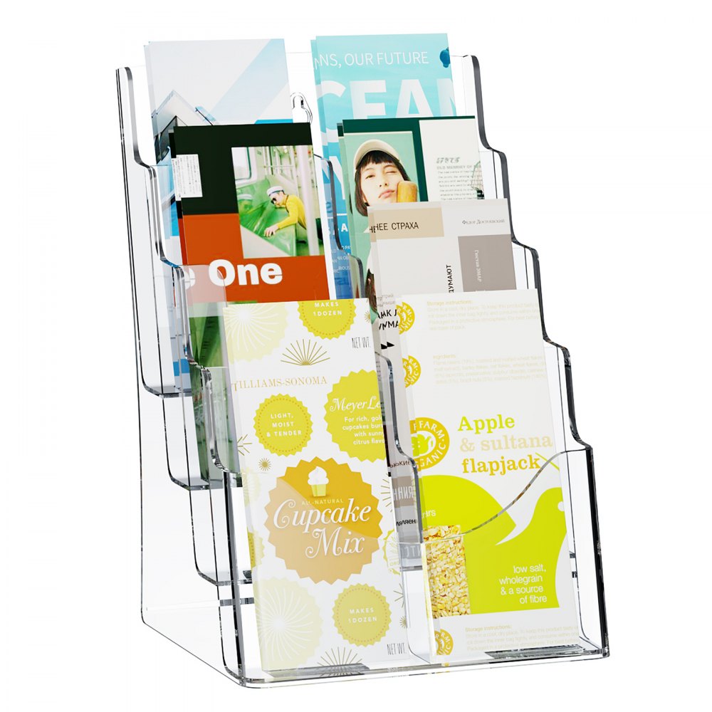 VEVOR Acrylic Brochure Holder 8.5 x 11 inch, 4-Tier Clear Acrylic Literature Display Stand, Plastic Literature Organizer Flyer Stand & Removable Divider for Office Exhibition, Countertop or Wall Mount - WJZS20TMSYKLRP297V0