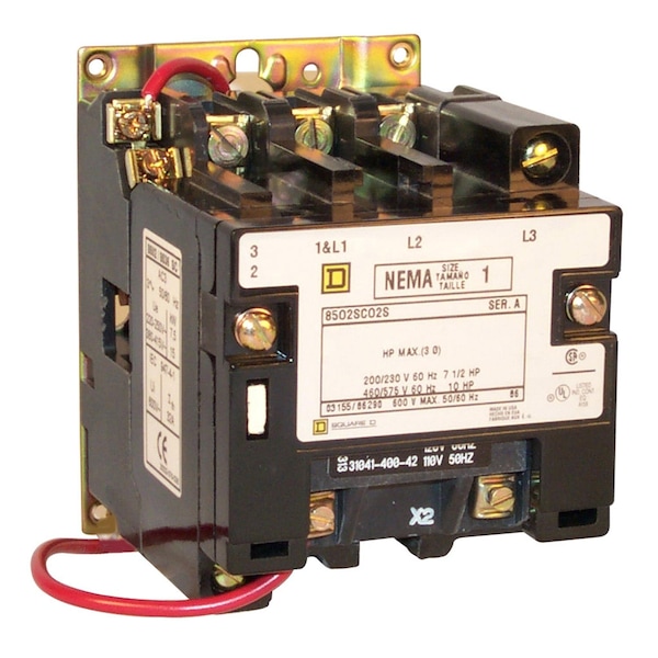 Contactador NEMA de Square D, Tipo S, no reversible, Tamaño 1, 27A, 10HP a 575VAC, 3 fases, hasta 100kA, 4 polos, bobina de 120VAC, abierto - 8502SCO3V02S.
