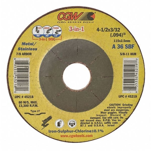 Rueda de centro de abrasivos Cgw, deprimida, 5x3/32x7/8, 3 en 1, T27 - 45220