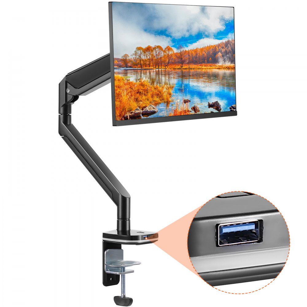 VEVOR Single Monitor Mount with USB, Supports 13"-35" Screen, Adjustable Gas Spring Monitor Arm, Holds up to 26.4 lbs, Monitor Arm Desk Mount with C-Clamp/Grommet Mounting Base, VESA Mount 75/100mm - XSQBJDMBQDHB72OVOV9