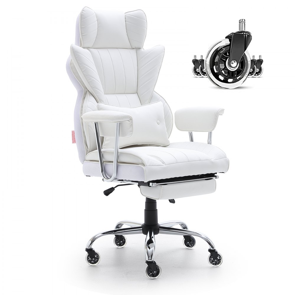 VEVOR Reclining Office Chair with Footrest, Heavy Duty PU Leather Wide Office Chair, Big and Tall Executive Office Chairs with Lumbar Support, Strong Metal Base Quiet Wheels, White - LBYZXKPGDJT0U1Z5NV0