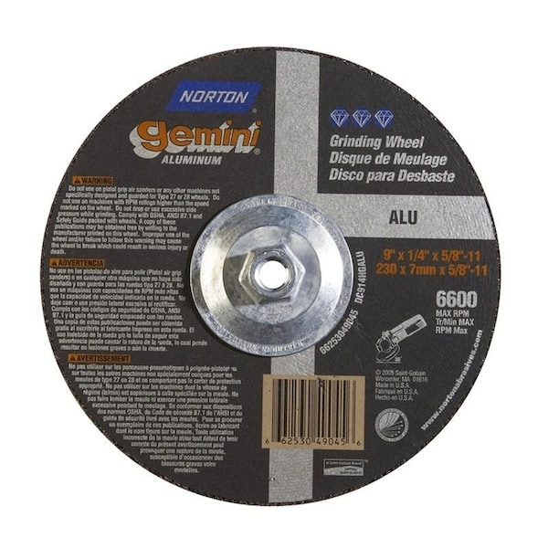 Rueda de rectificado Norton Co, Centro deprimido, Tipo 27 - Aluminio - Óxido de aluminio Gemini, 9 x 1/4 x 5/8-11, RPM máx: 6600 - 662530-49045