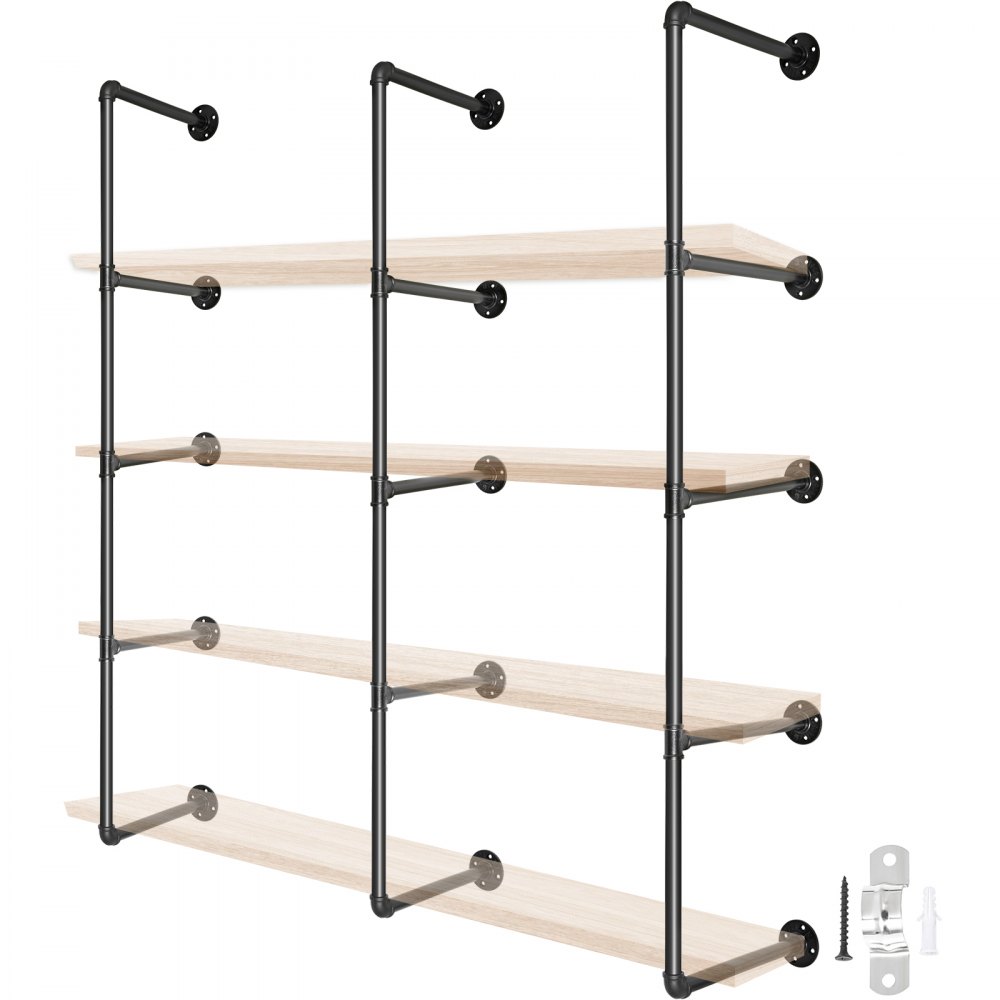 VEVOR Industrial Pipe Shelves 4-Tier Wall Mount Iron Pipe Shelves 3 PCS Pipe Shelving Vintage Black DIY Pipe Bookshelf Each Holds 44lbs Open Kitchen Shelving for Bedroom & Living Room W/Accessories - YGQZWBJDM3PCS451QV0