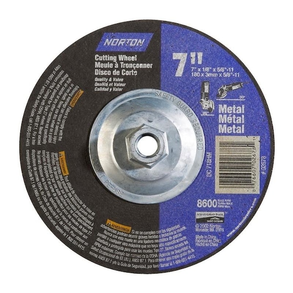 Ruedas de centro deprimido Norton Co, Tipo 27 - Metal - Oxido de aluminio, UPC a granel, 7 x 1/8 x 5/8-11, 8600 - 07660702678