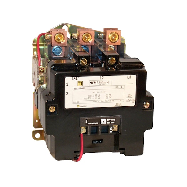Contactador NEMA Square D, Tipo S, no reversible, Tamaño 4, 135A, 1 fase, hasta 100kA, 2 polos, bobina de 480VCA, abierto - 8502SFO1V06