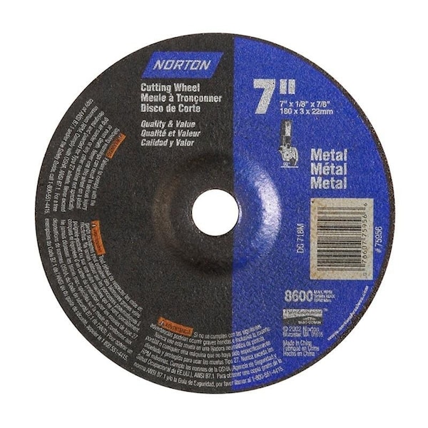 Rueda de esmerilado Norton Co, Centro deprimido, Tipo 27 - Metal - Óxido de aluminio, 7 x 1/8 x 7/8, RPM máximo: 8600 - 076607-75956.