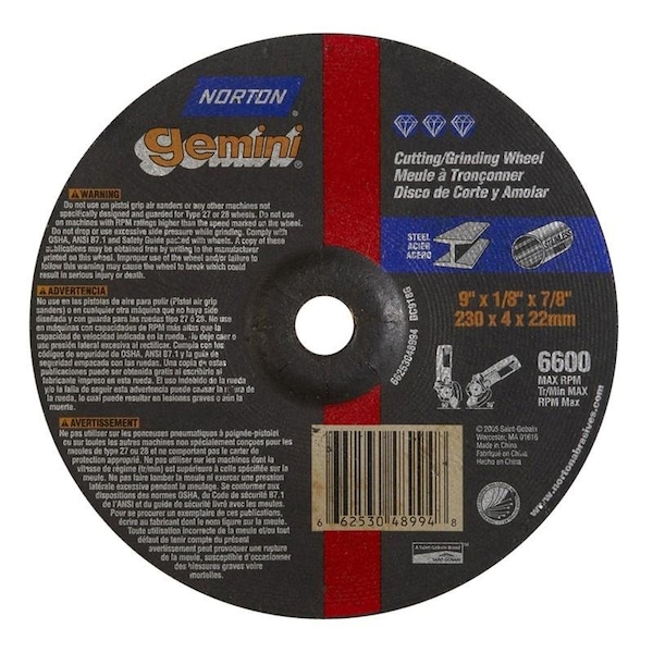 Rueda de rectificado de Norton Co, centro deprimido, tipo 27 - Metal - Óxido de aluminio Gemini, 9 x 1/8 x 7/8, RPM máximo: 6600 - 662530-48994