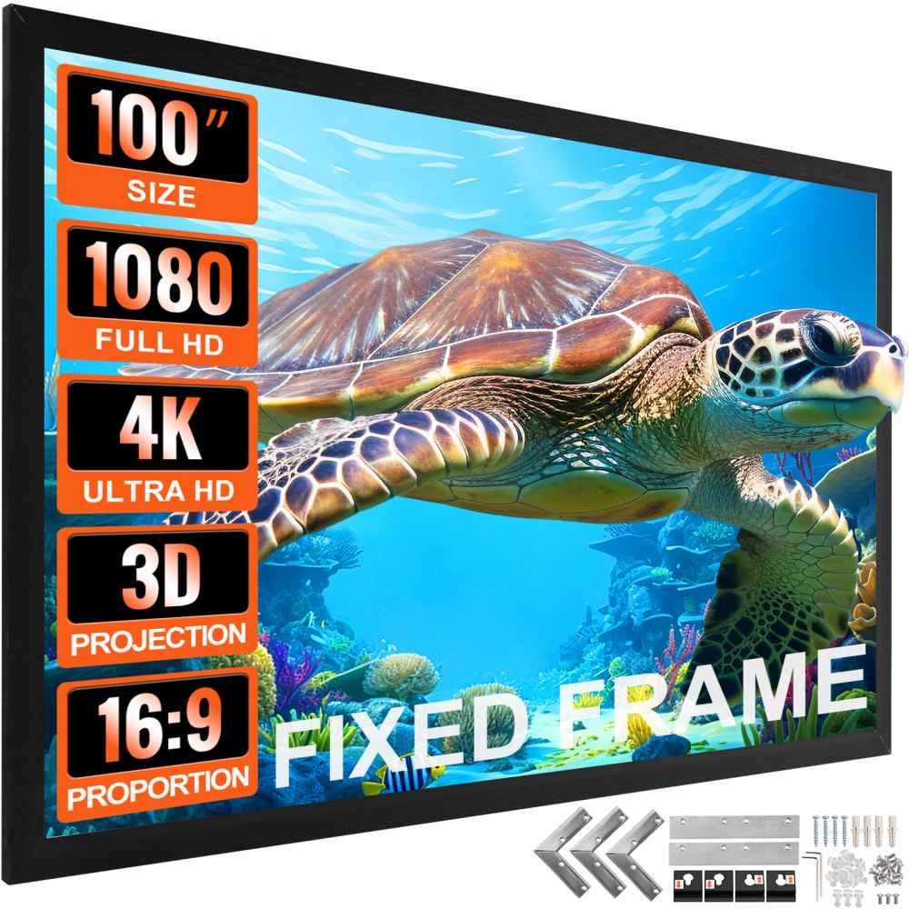 VEVOR Projector Screen Fixed Frame 100inch Diagonal 16:9 4K HD Movie Projector Screen with Aluminum Frame Projector Screen Wall Mounted for Home Theater Office Use - TYPM100IN16-9HK01V0