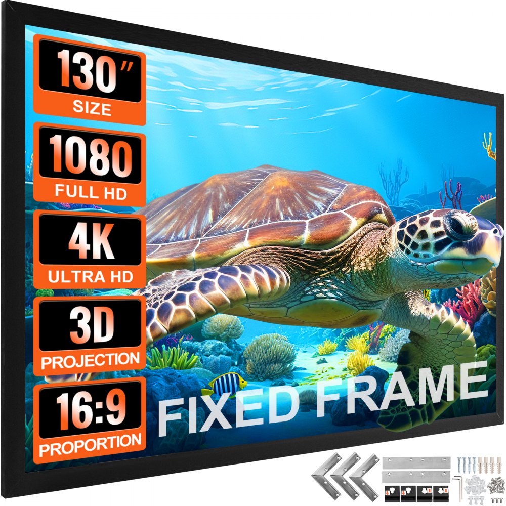 VEVOR Projector Screen Fixed Frame 130inch Diagonal 16:9 Movie Projector Screen 4K HD with Aluminum Frame Projector Screen Wall Mounted for Home Theater Office - TYPM130YC16-9LHJKV0