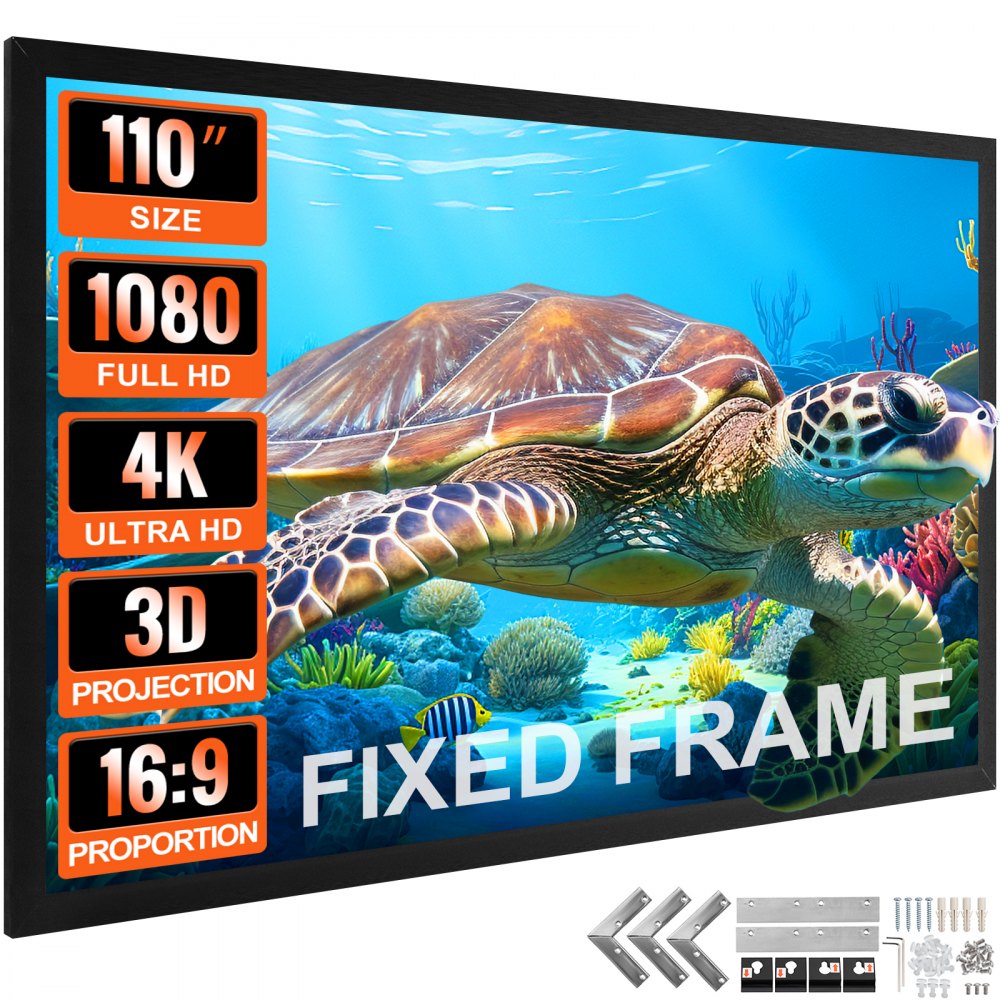 VEVOR Projector Screen Fixed Frame 110inch Diagonal 16:9 4K HD Movie Projector Screen with Aluminum Frame Projector Screen Wall Mounted for Home Theater Office Use - TYPM110YC16-9LHJKV0