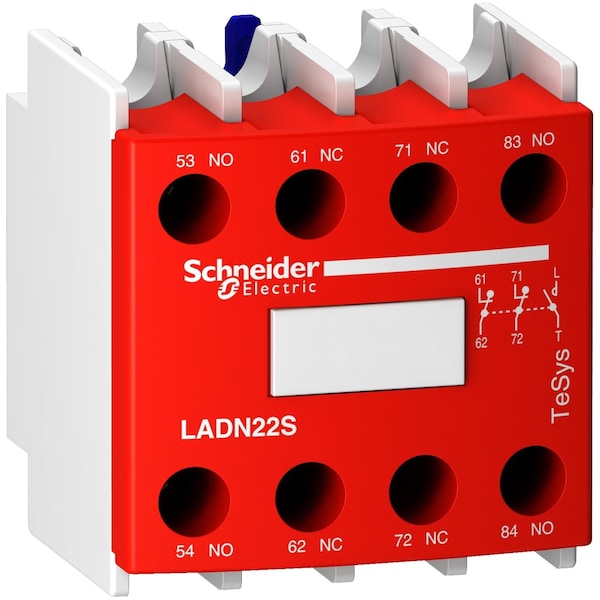 Bloque de contacto auxiliar Schneider Electric, TeSys Deca, 2NA + 2NC, montaje frontal, terminales de sujeción por tornillo, frente rojo - LADN22S