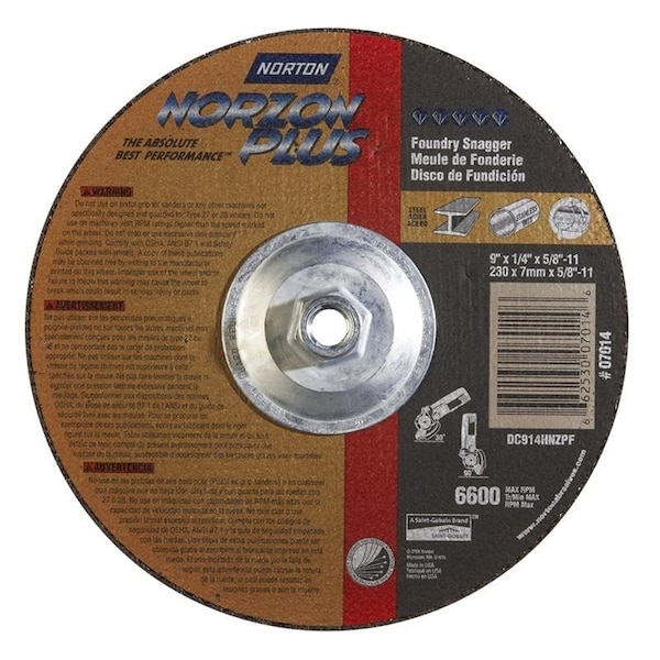 Rueda de esmerilado Norton Co, centro deprimido, Tipo 27 - Metal - NorZon Plus, 9 x 1/4 x 5/8-11, RPM Máx: 6600 - 662530-07014