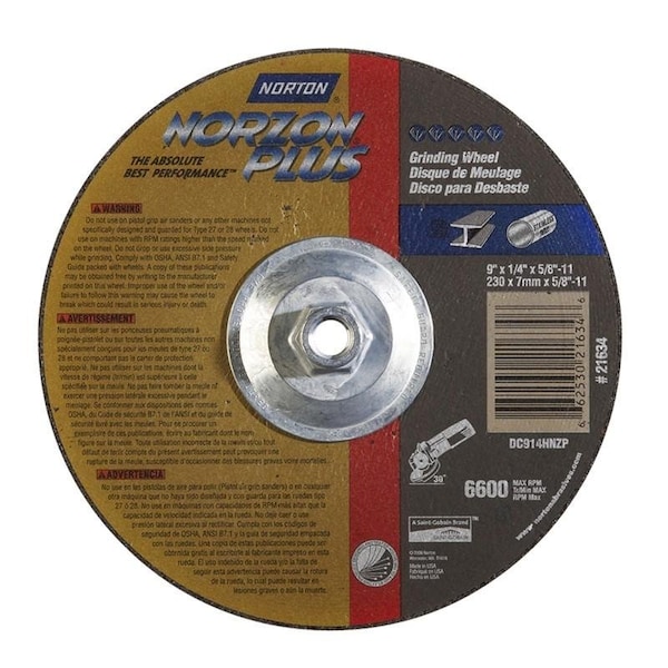 Rueda de esmerilado Norton Co, Centro deprimido, Tipo 27 - Metal - NorZon Plus, 9 x 1/4 x 5/8-11, Máx RPM: 6600 - 662530-21634