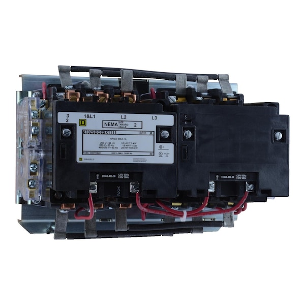 Contacto NEMA Square D, Tipo S, inversor, horizontal, Tamaño 2, 45A, 25HP a 575VAC, 3 fases, hasta 100kA, 3 polos, bobina de 120VAC, estilo abierto - 8702SDO2V02S