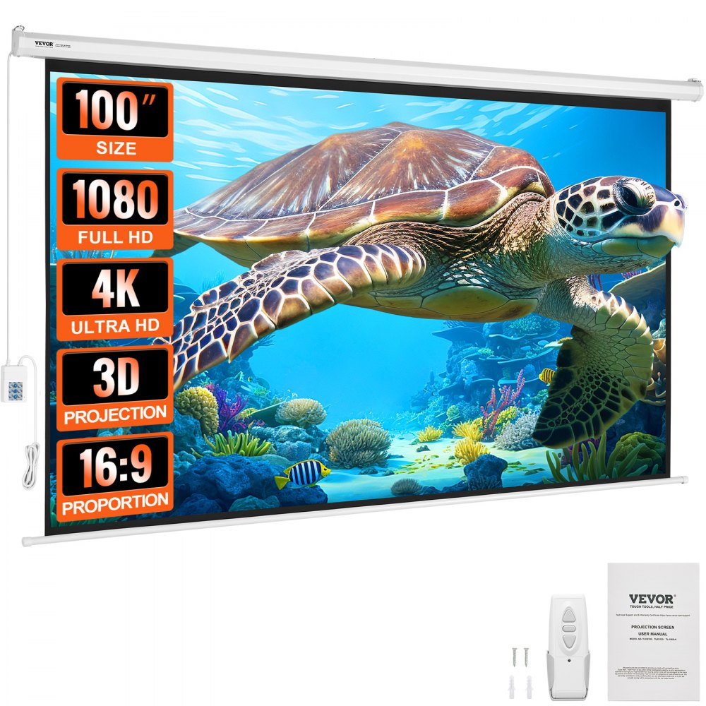 VEVOR Motorized Projector Screen 100 inch, 16:9 4K 1080 HD Automatic Projection Screen, Electric Projector Screen with Remote Control, Wall Mount Movie Screen for Family Home Office Theater - TYPM20DDSJ1234UJGV1
