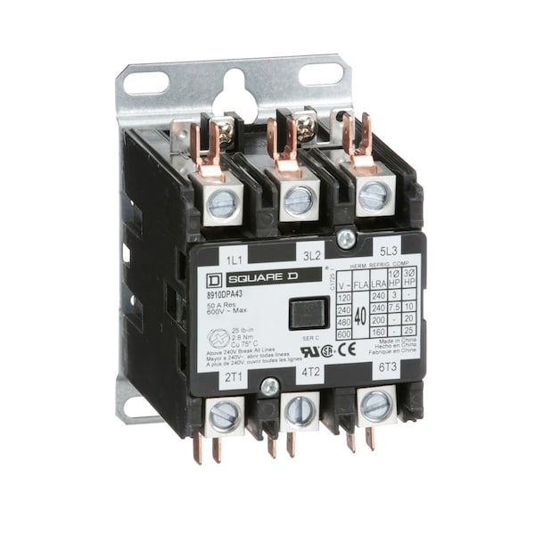 Contacto Square D, Propósito Definido, 40A, 3 polos, 25HP a 575VAC, 3 fases, bobina de 550/600VAC 50/60Hz, abierto - 8910DPA43V07