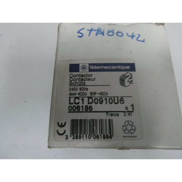 Contactor de CA Telemecanique Sensors 240V-AC 25A 5HP - LC1D0910U6