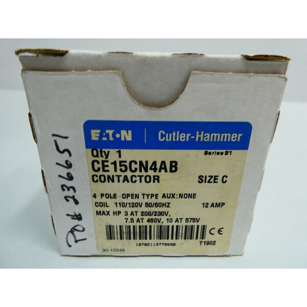 Contactor de CA Eaton Cutler-Hammer 600V-AC 12A 7.5HP - CE15CN4AB