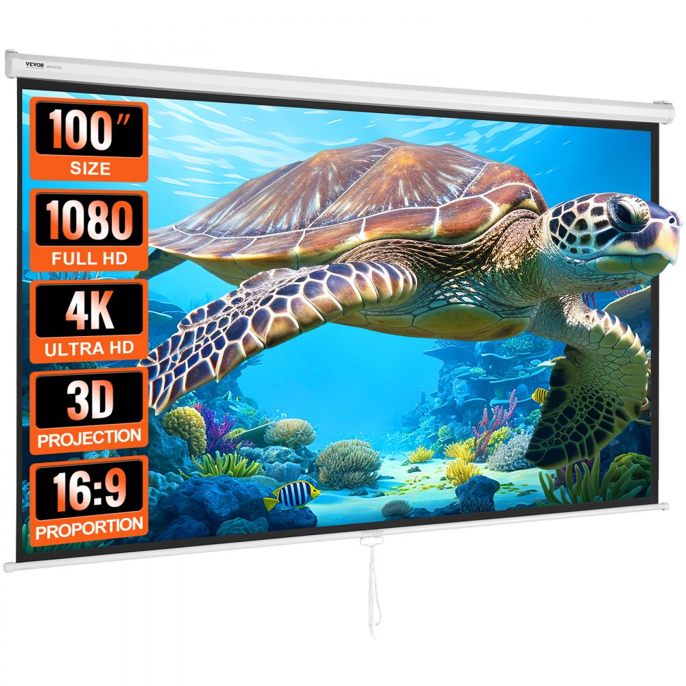 VEVOR Manual Projector Screen, 100 inch 16:9 4K 1080 HD Retractable Pull Down Projector Screen, Auto-Locking Portable Movie Screen for Family Home Office Theater - TYPM20SDSJ106BD6YV0
