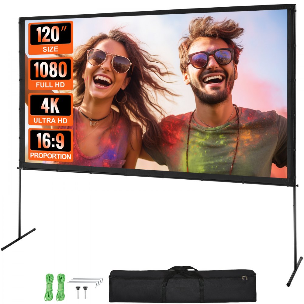 VEVOR Projector Screen with Stand, 120 inch 16:9 4K 1080 HD Outdoor Movie Screen with Stand, Wrinkle-Free Projection Screen with Bar Feet and Carry Bag, for Home Theater Cinema Backyard Movie Night - TYPM20ZJSPJ15KMU2V0