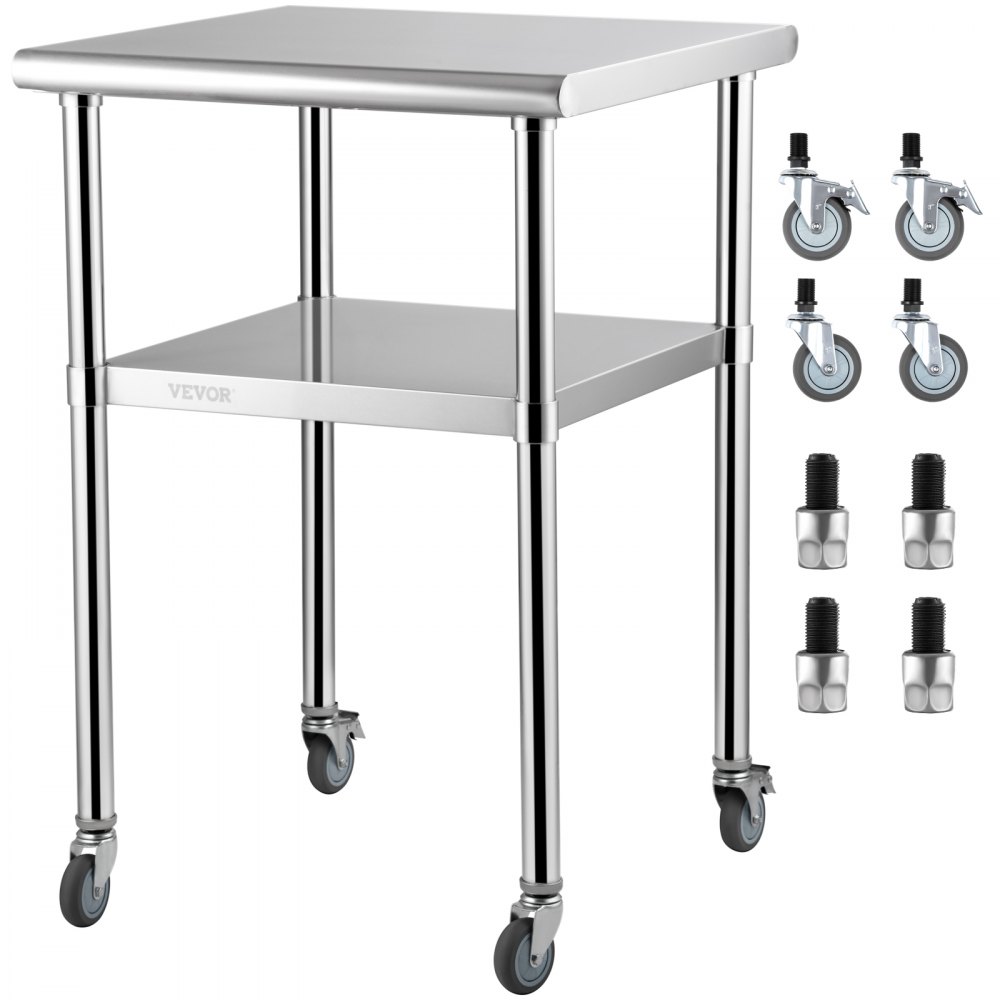 VEVOR Stainless Steel Prep Table, 24 x 24 x 36 Inch, 600lbs Load Capacity Heavy Duty Metal Worktable with Adjustable Undershelf & Universal Wheels, Commercial Workstation for Kitchen Garage Backyard - J24X24X36INCHBGUAV0