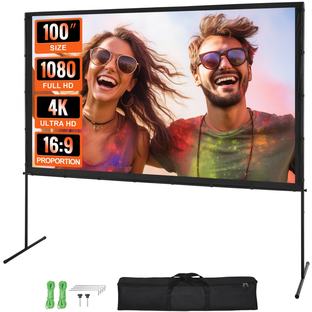 VEVOR Projector Screen with Stand, 100 inch 16:9 4K 1080 HD Outdoor Movie Screen with Stand, Wrinkle-Free Projection Screen with Bar Feet and Carry Bag, for Home Theater Cinema Backyard Movie Night - TYPM20ZJSPJ1L6YJBV0