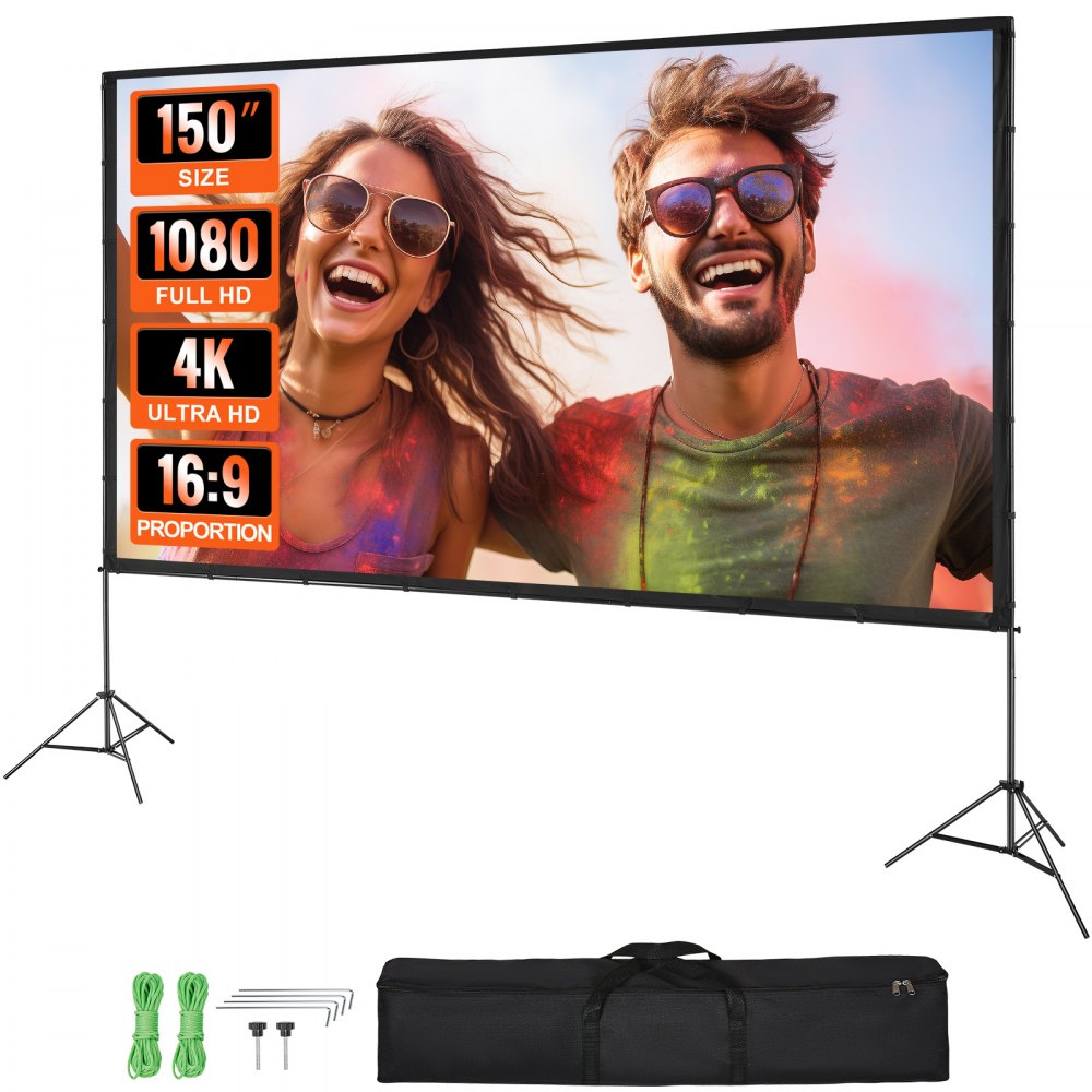 VEVOR Projector Screen with Stand, 150 inch 16:9 4K 1080 HD Outdoor Movie Screen with Stand, Wrinkle-Free Projection Screen with Tripods and Carry Bag, for Home Theater Cinema Backyard Movie Night - TYPM20ZJSLJ18YCEZV0