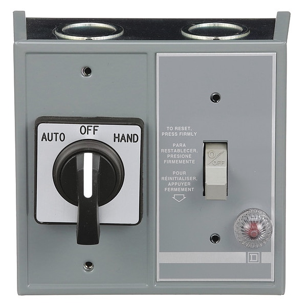 Arrancador manual Square D, caballos de fuerza fraccionarios, dúplex, 16A, 1 polo, 1 HP a 277 VCA, interruptor y selector, indicador rojo, NEMA 1 - 2510FG71P.