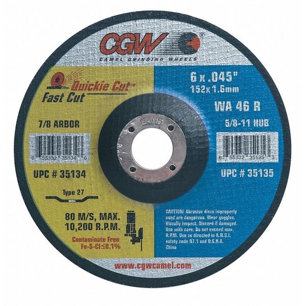 Rueda de corte deprimida Cgw Abrasives, 4.5x0.045x5/8-11, T27 - 35133.