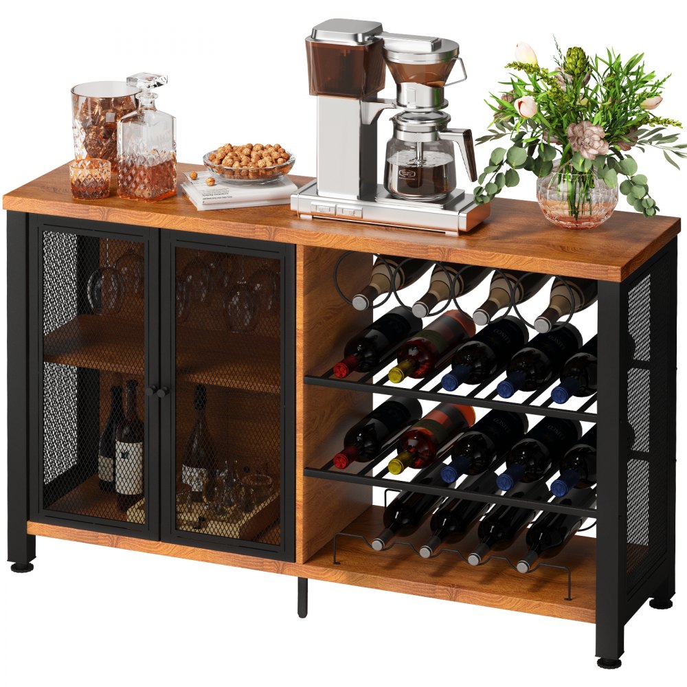 VEVOR Wine Bar Cabinet with Removable Wine Rack, Wine Table for Liquor with Glass Holder, Wine Rack and Metal Sideboard, Farmhouse Wood Coffee Bar for Living Room, (47 Inch, Rustic Oak) - G4724X1339X3089WDV0