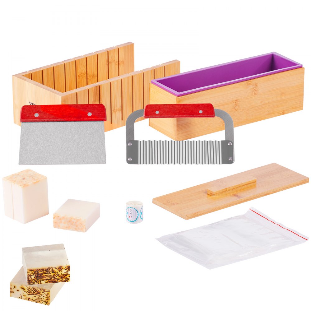 VEVOR Soap Making Kit, Bamboo Cutting Box and Inner Box with Silicone Mold, Stainless Steel Straight Cutter and Wavy Cutter, 100 Bags and 105 Stickers, Soap Making Supplies DIY Kits for Adults - FZQDSQGMJQGD1UP7YV0