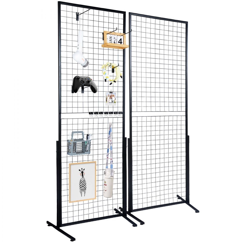 VEVOR 2' x 5.6' Grid Wall Panels Tower, 2 Packs Wire Gridwall Display Racks with T-Base Floorstanding, Double Side Gridwall Panels for Art Craft Shows, Retail Display with Extra Clips and Hooks - LSWGQ6878INCNL5GHV0