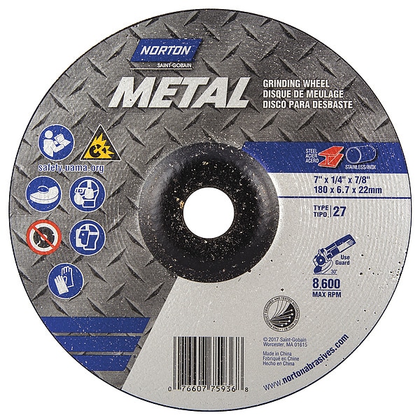 Rueda de Centro deprimido Norton Abrasives, Tipo 27, 7 pulgadas de diámetro, 0.25 pulgadas de grosor, tamaño de agujero del eje de 7/8 pulgadas, Óxido de aluminio - 07660775936.