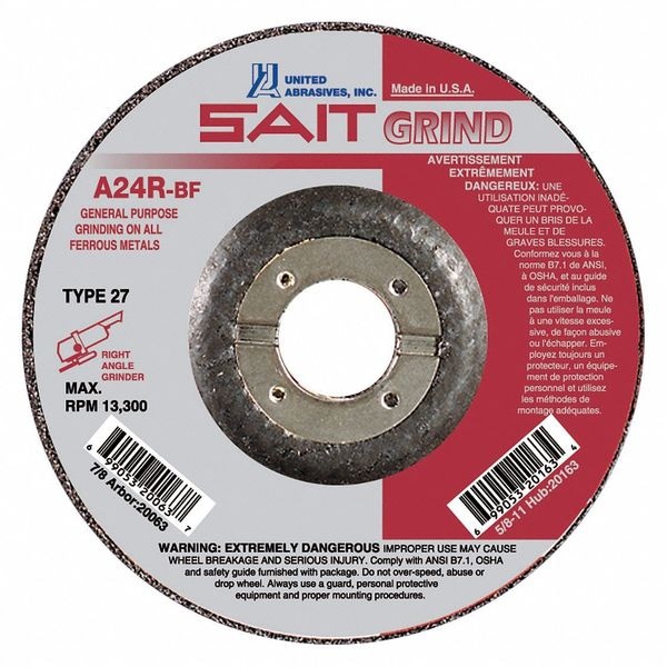 Muela abrasiva United Abrasives/Sait, T-27, 6x1/4x7/8, A24R, Paquete de 25 piezas, 27, 6" de diámetro, 1/4" de grosor, tamaño del agujero de la arbor de 7/8" - 20079