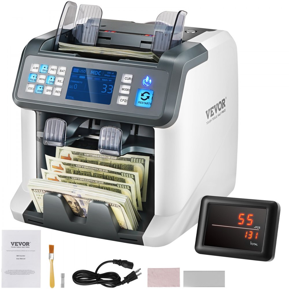 VEVOR Money Counter Machine, Bill Counter with Mixed Denomination, 2CIS, SN, UV, IR, MG, DD Counterfeit Detection, Multi Currency, Value Counting Cash Counter and Sorter, Printer Enabled - DCJDBZZSS2CISO761V1