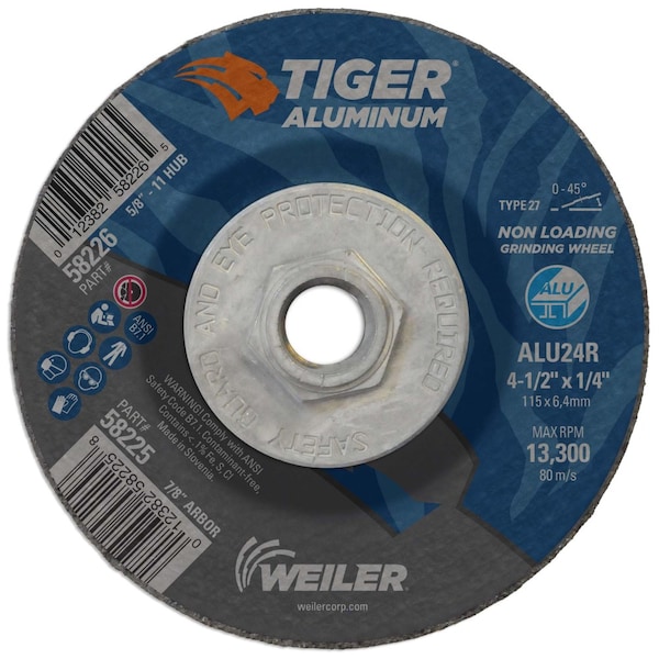 Muela de rectificado tipo 27 de ALUMINIO TIGER Weiler de 4-1/2" x 1/4" ALU24R con tuerca 5/8-11 - 58226