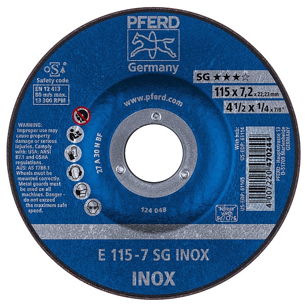 Rueda de esmerilado Pferd 4-1/2" x 1/4", 7/8" A.H. - SG INOX - Tipo 27 - 61105