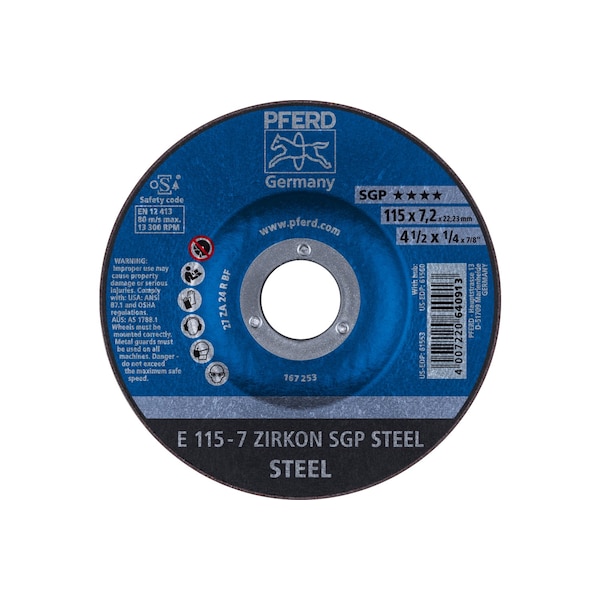 Rueda de rectificado Pferd de 4-1/2" x 1/4, 7/8" A.H. - ZIRKON SGP ACERO - Tipo 27 - 61553
