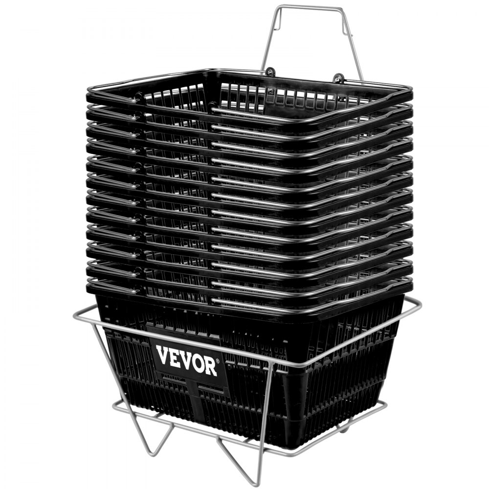VEVOR Shopping Basket, Set of 12 Black, Durable PE Material with Handle and Stand, Basket Dimension 16.9"L x 11.8"W x 8.07"H and Used for Supermarket, Retail, Grocery- Holds 21 L of Merchandise - TSBGWLDZJHS12WZDNV0