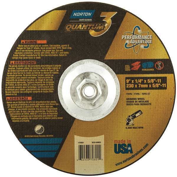 Norton Abrasives Ruedas de Centro Hundido, Tipo 27, 9 pulgadas de diámetro, 0.25 pulgadas de grosor, tamaño de agujero del eje de 5/8"-11, Cerámica - 66253370801