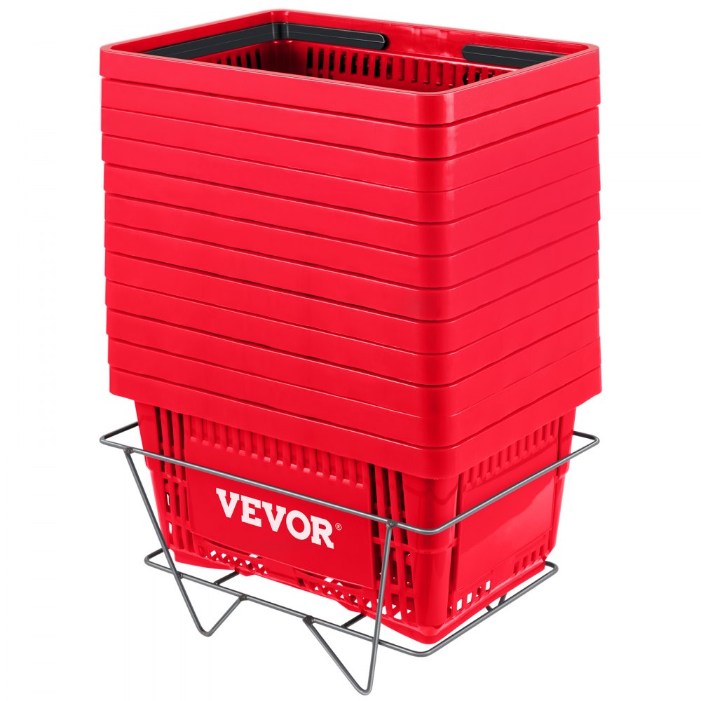 VEVOR Shopping Basket, 16.9 x 11.8 x 8.7 in/42.8 x 30 x 22 cm((L x W x H), Plastic Handle and Iron Stand, Set of 12 Store Baskets with Durable PE Material Used for Supermarket, Retail, Bookstore, Red - SLSBGWLDZJH12012VV0