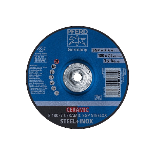 Rueda de esmerilado Pferd, T27, 7"x1/4"x5/8"-11", Tipo 27, 7 pulgadas de diámetro, 1/4 pulgadas de grosor, tamaño de agujero del eje 5/8"-11 - 60066.