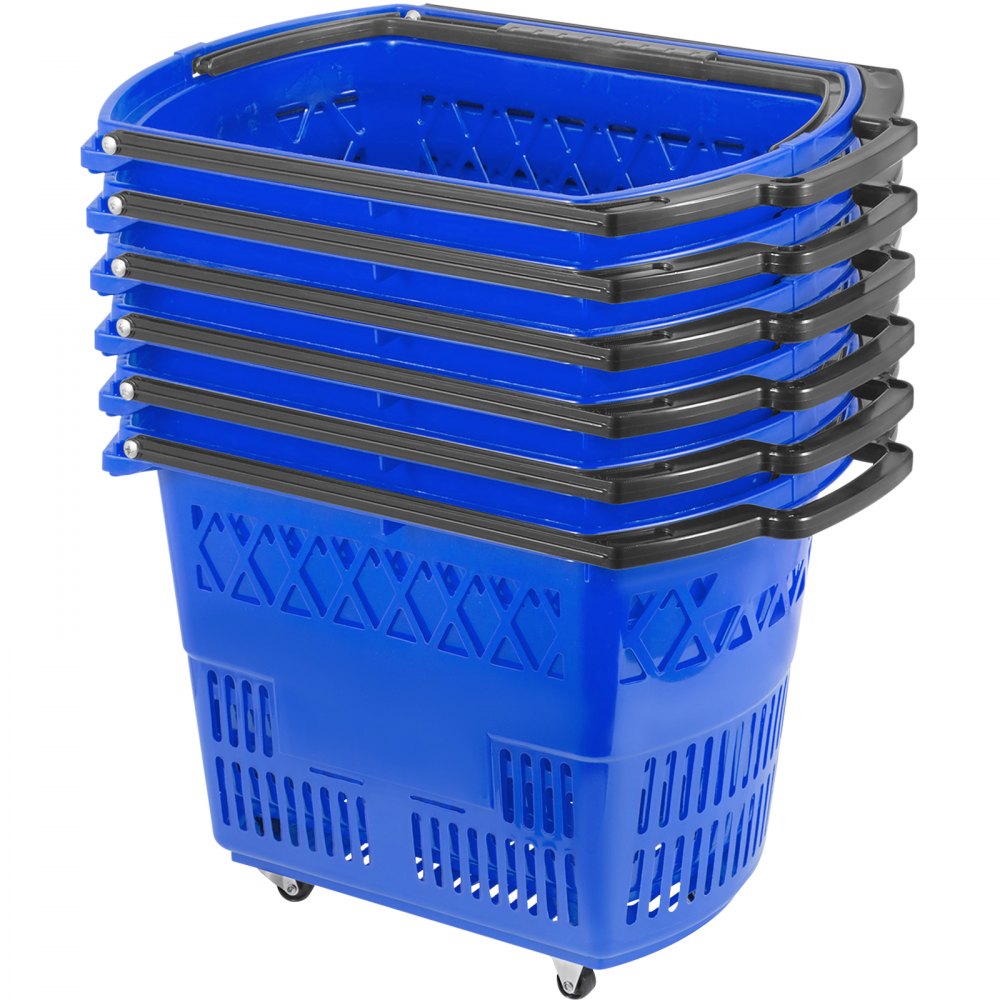 VEVOR 6PCS Shopping Carts, Blue Shopping Baskets with Handles, Plastic Rolling Shopping Basket with Wheels, Portable Shopping Basket Set for Retail Store - GWCHLZLGGWLLS6ZZ1V0