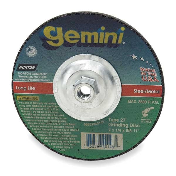 Ruedas de Centro Depresivo Norton Abrasives, Tipo 27, 7 pulgadas de diámetro, 0.25 pulgadas de grosor, tamaño de orificio de árbol 5/8"-11, Óxido de Aluminio - 66252940148.