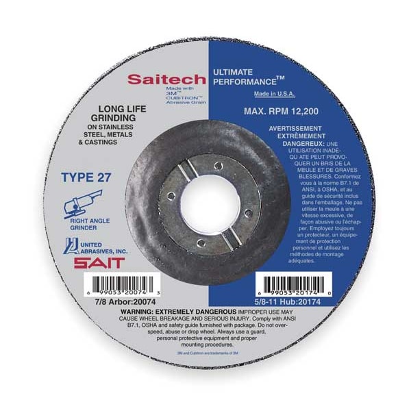 United Abrasives/Sait Disco de desbaste de centro deprimido, 27, 4-1/2" de diámetro, 1/4" de grosor, tamaño de agujero de eje de 7/8", Cerámica - 20064.