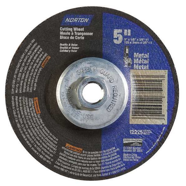Ruedas de centro deprimido Norton Abrasives, Tipo 27, 5 pulgadas de diámetro, 0.125 pulgadas de grosor, tamaño de agujero de mandril de 5/8"-11, Óxido de aluminio - 66252843615.