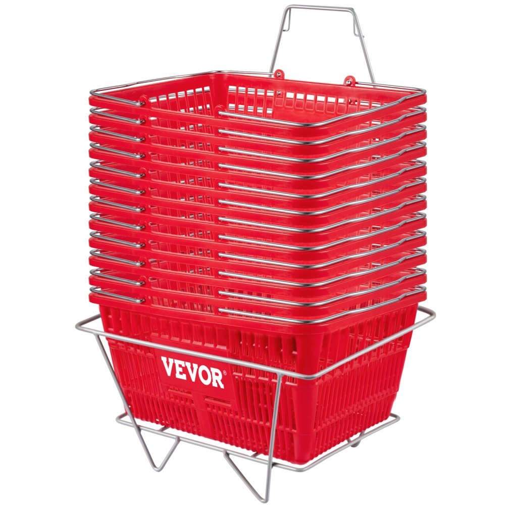 VEVOR Shopping Basket, Set of 12 Red, Durable PE Material with Handle and Stand, Basket Dimension 16.9"L x 11.8"W x 8.07"H and Used for Supermarket, Retail, Grocery-Holds 21 L/5.6 Gal of Merchandise - TSBGWLDZJHS12WESTV0